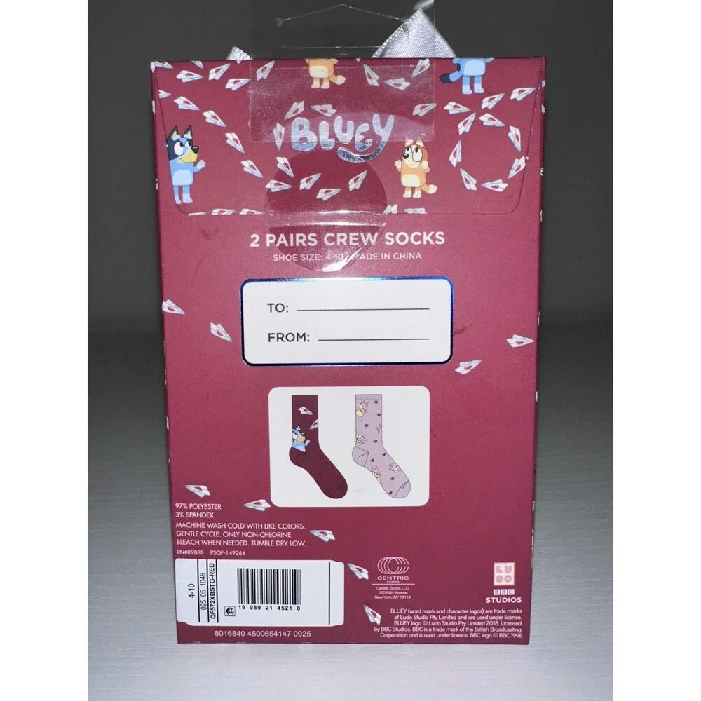 Bluey 2 Pairs Crew Socks Kids Size 4-10 Red Pink Cartoon Polyester Spandex